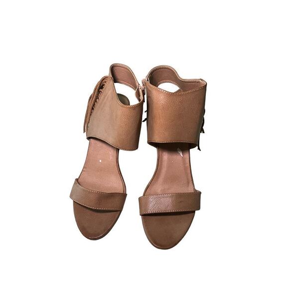 Rampage Wollie Strappy Sandal Women's 9 Brown Leather Fringe Wedge Heel Peep Toe - Picture 5 of 7